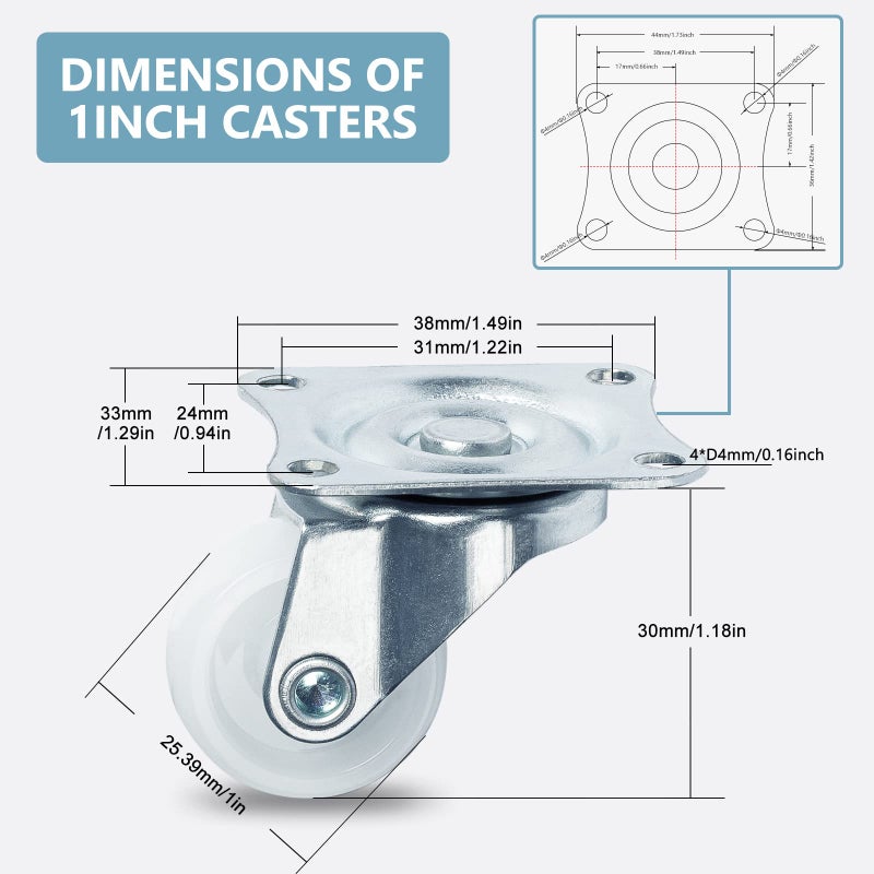 Cofufu 1" Low Profile Caster Wheels Set of 4, No Noise Casters for Furniture with Polyurethane Wheels, Small Rectangle Swivel Caster with 360 Degree Top Plate 22 lbs Weighs Capacity Each Caster - Image 2